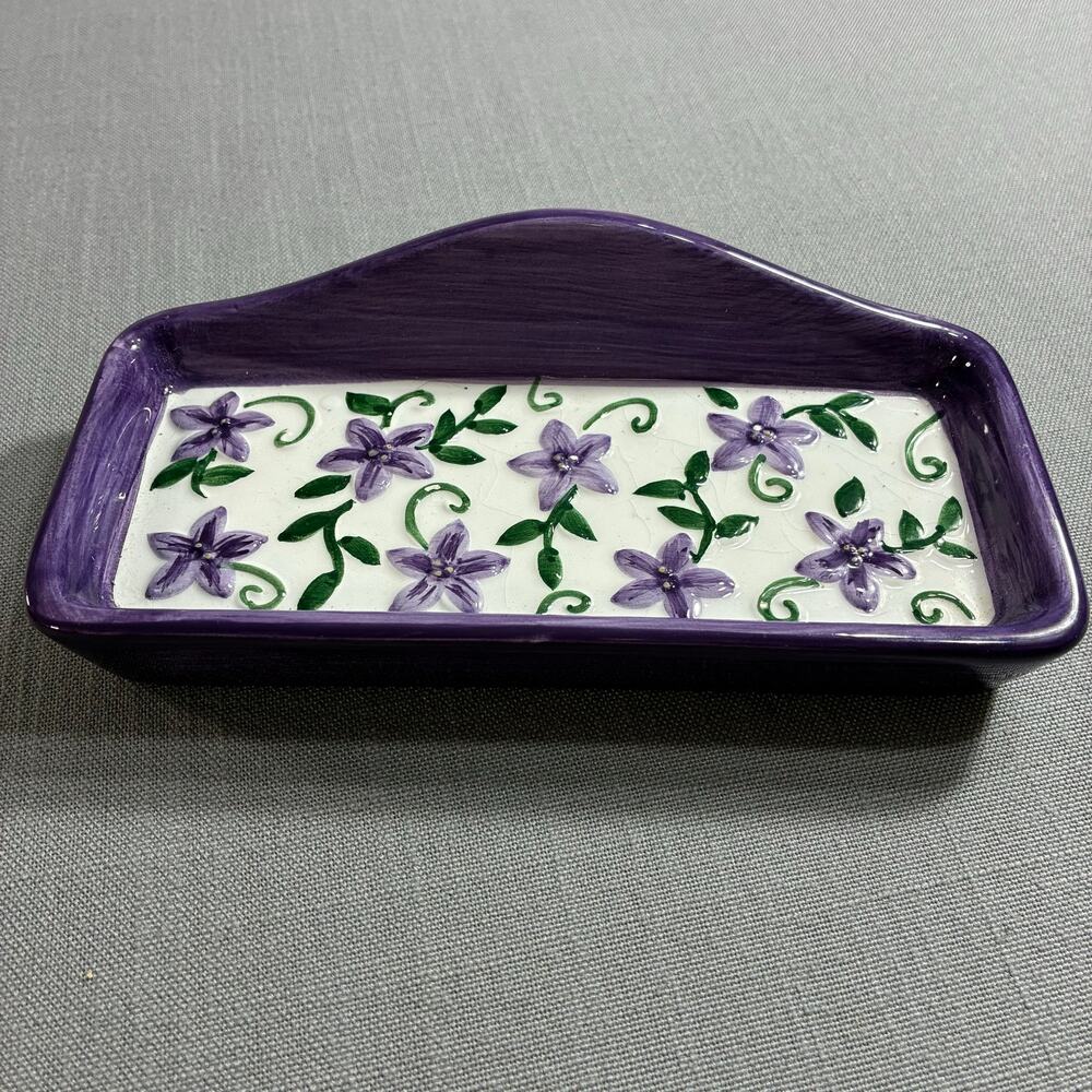 Hand Painted Purple Floral Ceramic Wall Pocket Planter Vase 7 Inch Decor
